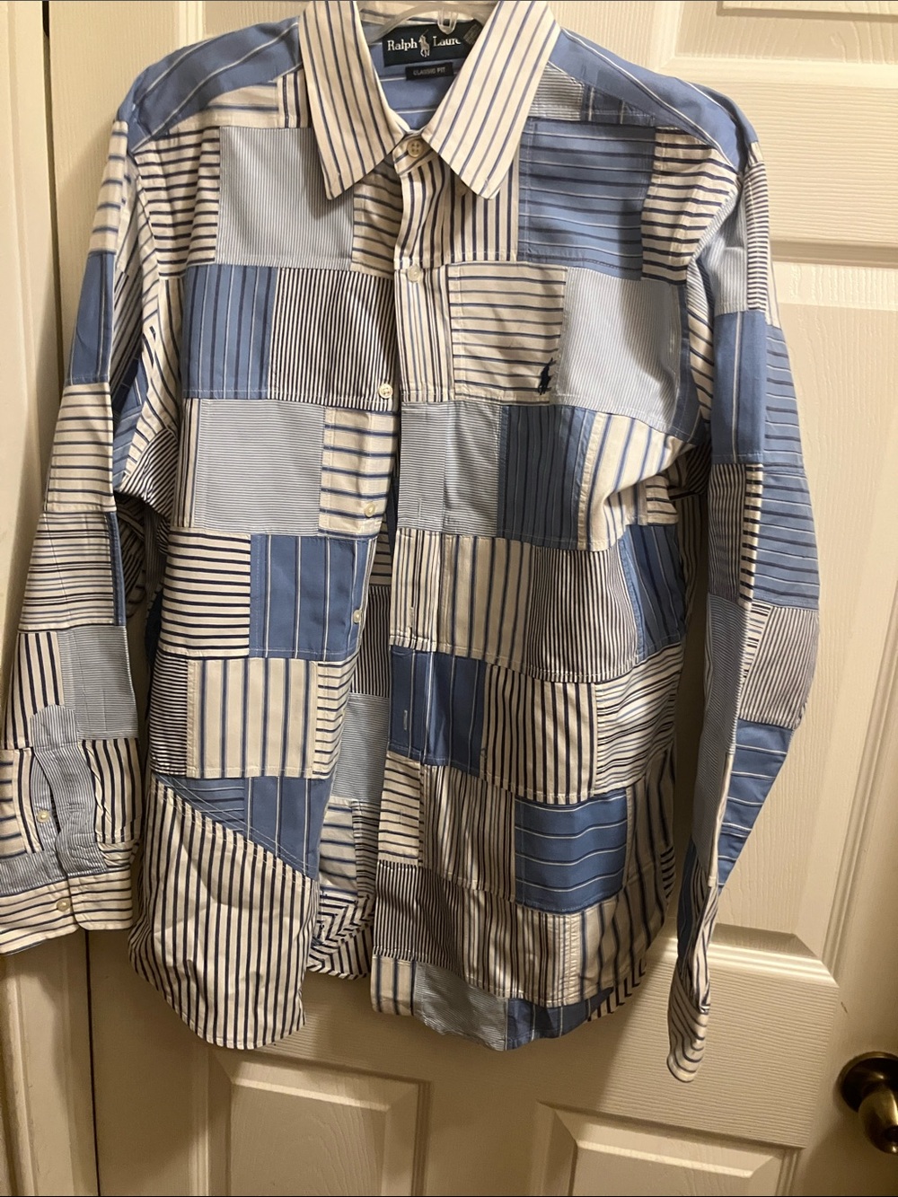 Ralph Lauren Blue and White Patchwork Stripe Cotton Button-Down Shirt